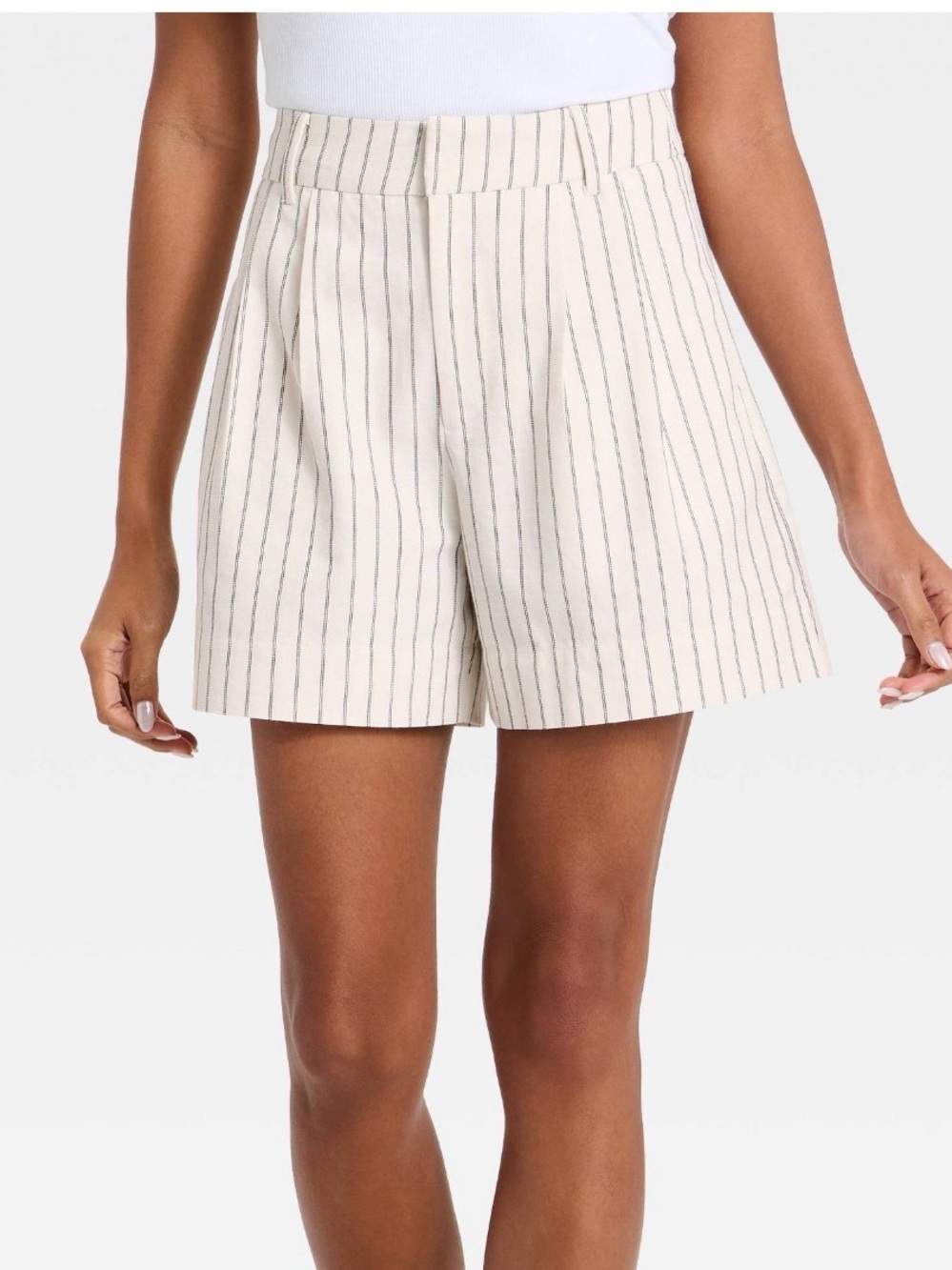 A New Day Linen Pleated Stripe Shorts Size 8 Ivory Black Casual Pockets